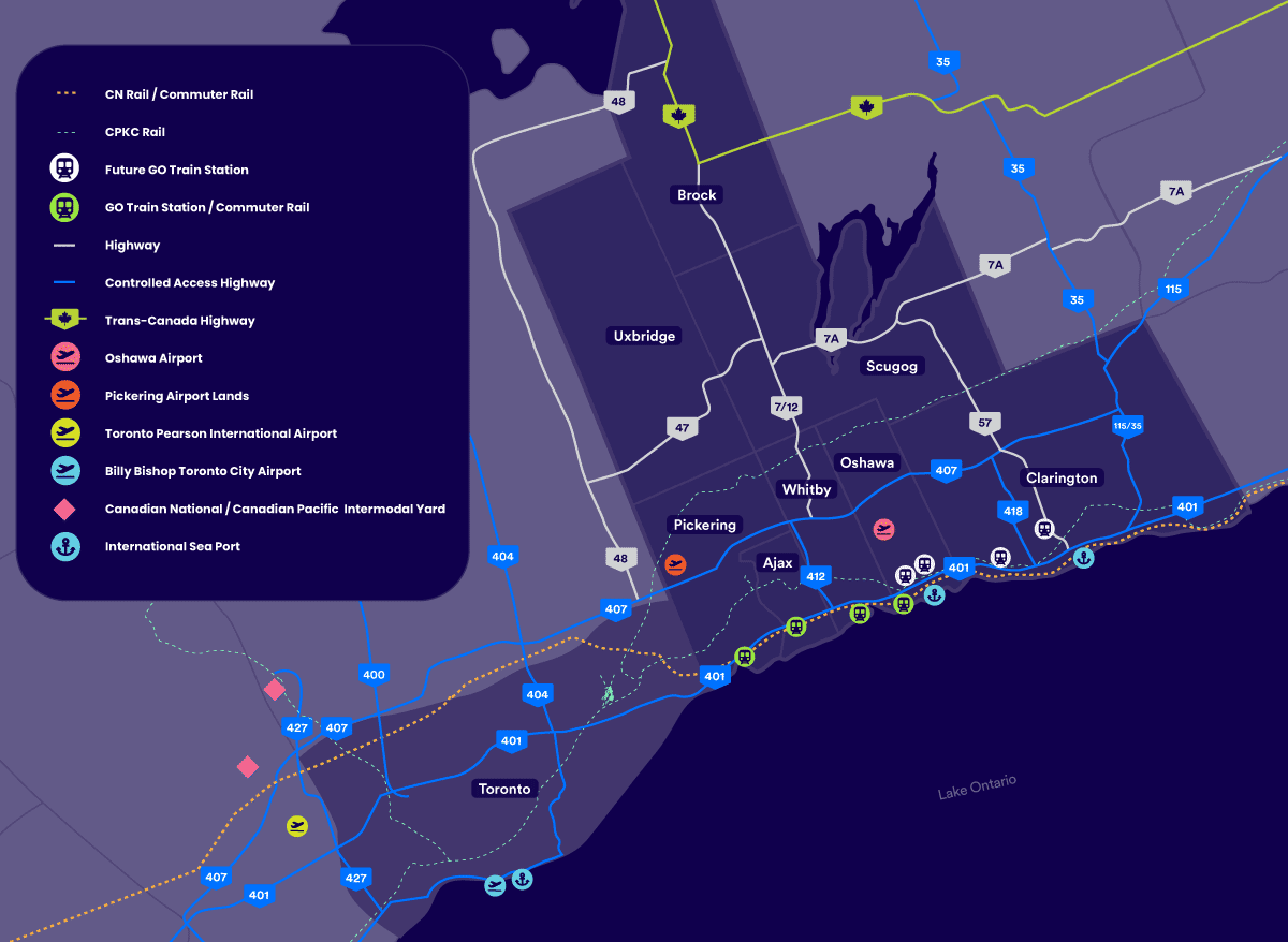 Map of infrastructure in Durham Region.